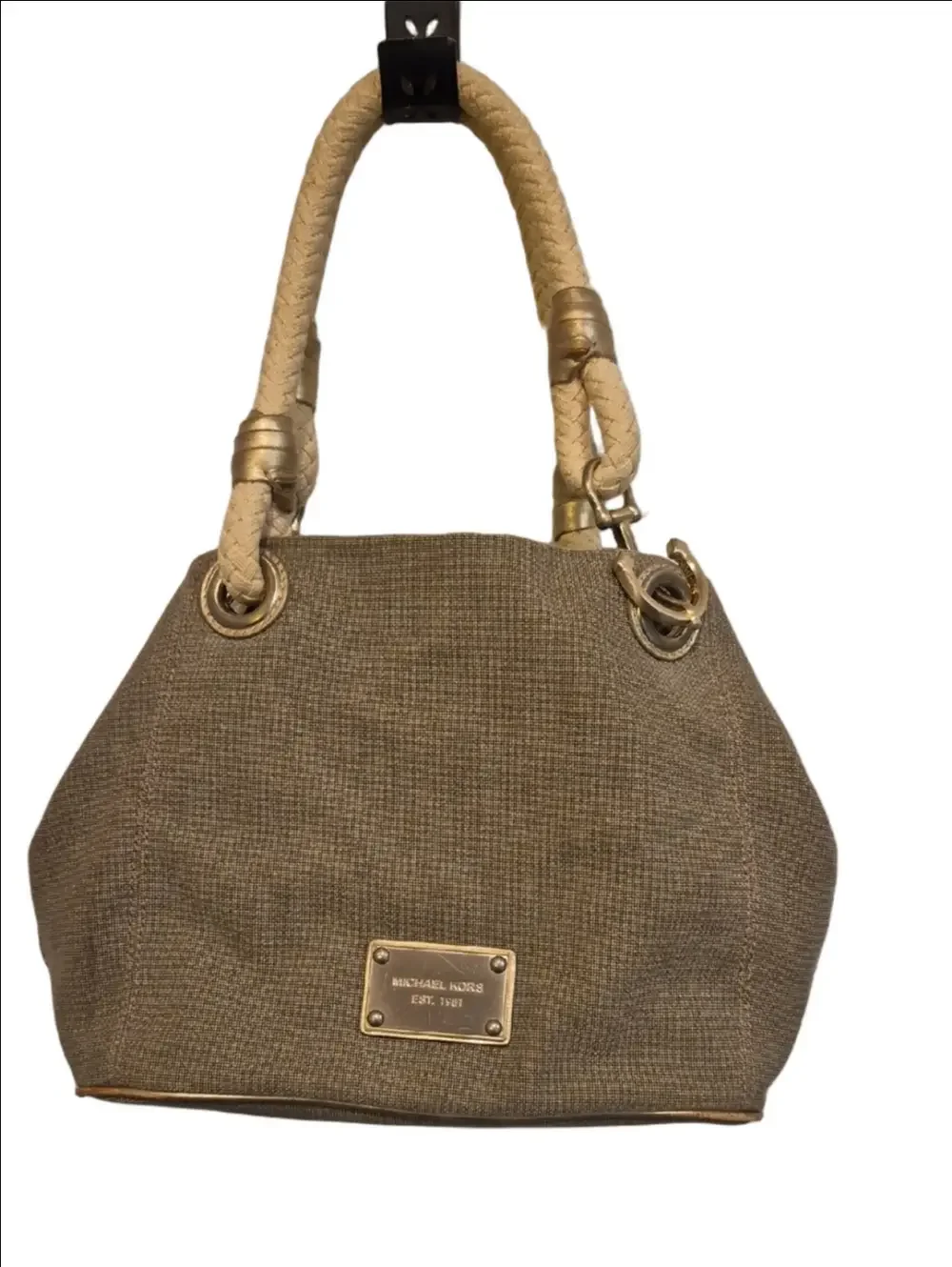 Michael Kors Beige-Tan Rope Handle Shoulder Bag With Gold Leather Trim